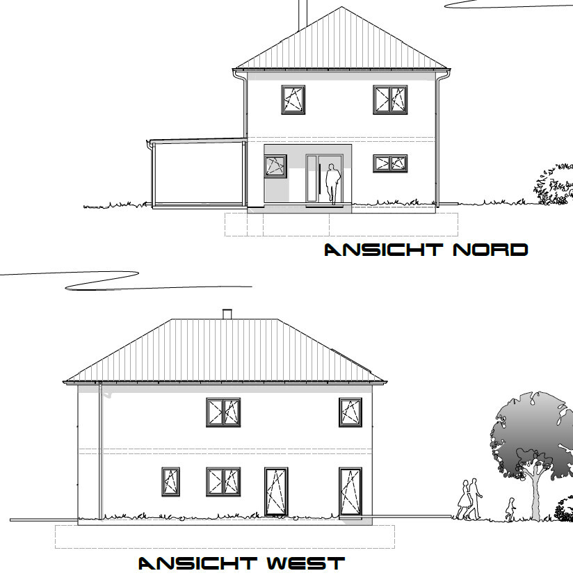 Architektenzeichnung eines zweistöckigen Hauses: Nord- und Westansicht mit Fenstern, Eingang, Garten.