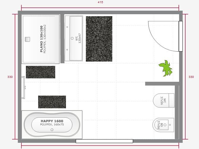 Grundriss eines Badezimmers: Badewanne links, Waschbecken oben, Toilette rechts, Tür und Pflanze.