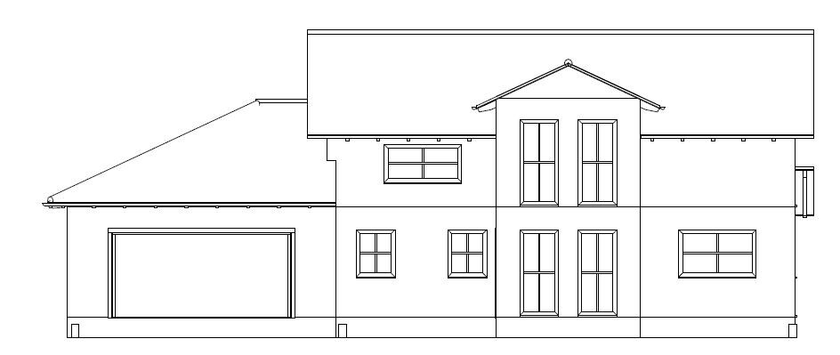 Zweistöckiges Haus mit Garage und großen Fenstern; architektonische Linienzeichnung der Fassade.