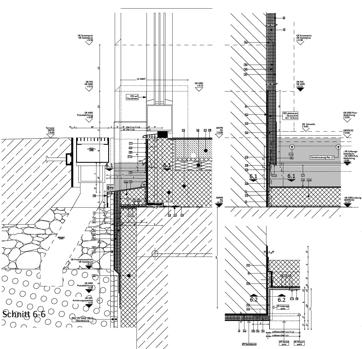 Beschriftete Bau-Schnittzeichnung eines Gebäudefundaments mit Wänden, Dämmung, Steinmauer und Terrassenbereich.