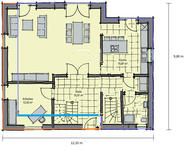 Grundriss eines Hauses mit Küche, Arbeitszimmer, Diele und Wohnbereich samt Treppe.