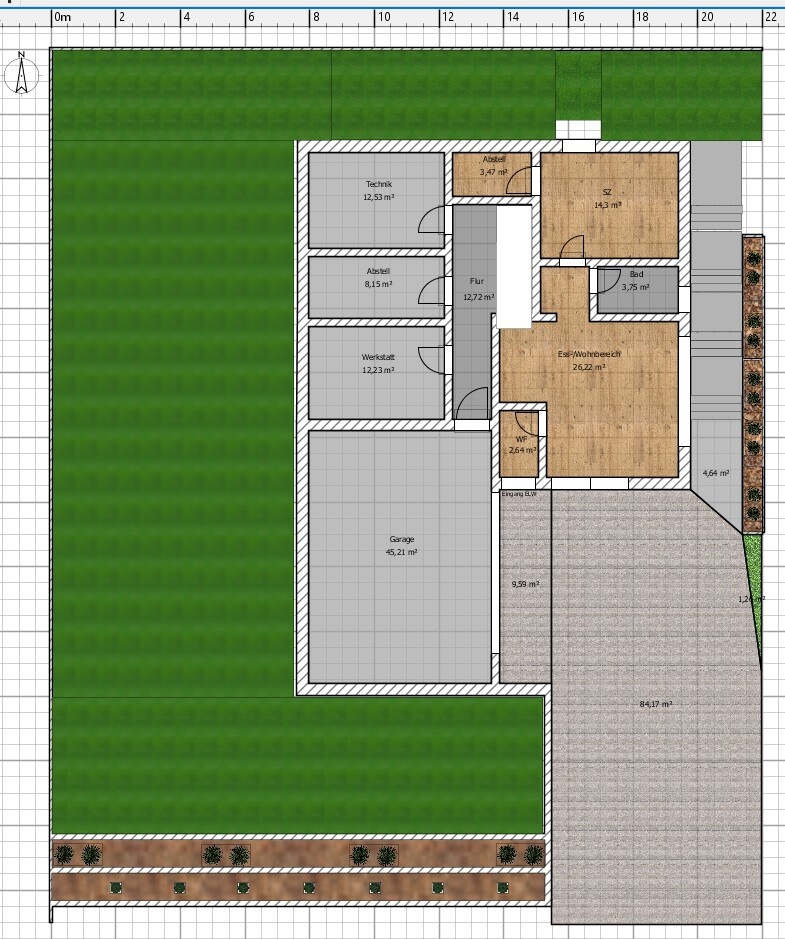 Grundriss eines Hauses: Garage, Werkstatt, Abstellräume, Wohn-/Essbereich und Garten.