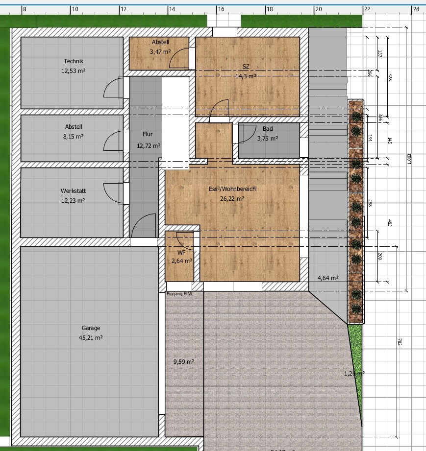 Grundriss eines Hauses mit Garage, Werkstatt, Technik, Abstell, Flur, Bad, SZ und Ess-/Wohnbereich.