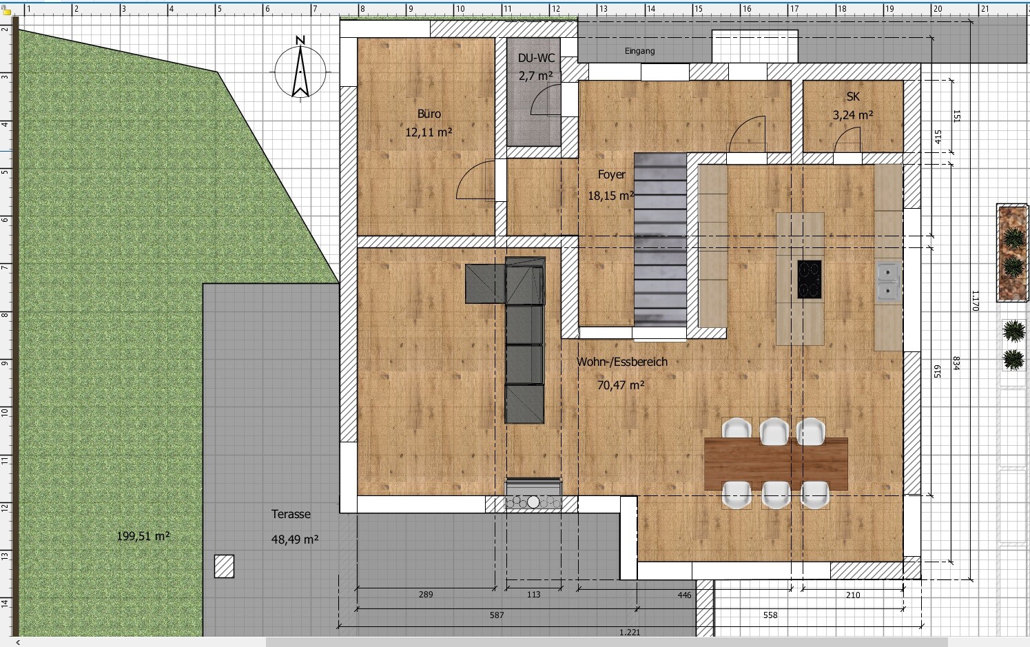 Grundriss eines Hauses mit Wohn- und Essbereich, Küche, Büro, DU-WC, Foyer, Terrasse und Garten.