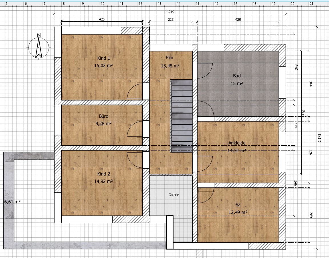 Grundriss eines Wohnhauses: Kind 1, Kind 2, Büro, Flur, Bad, Ankleide, SZ, Galerie.