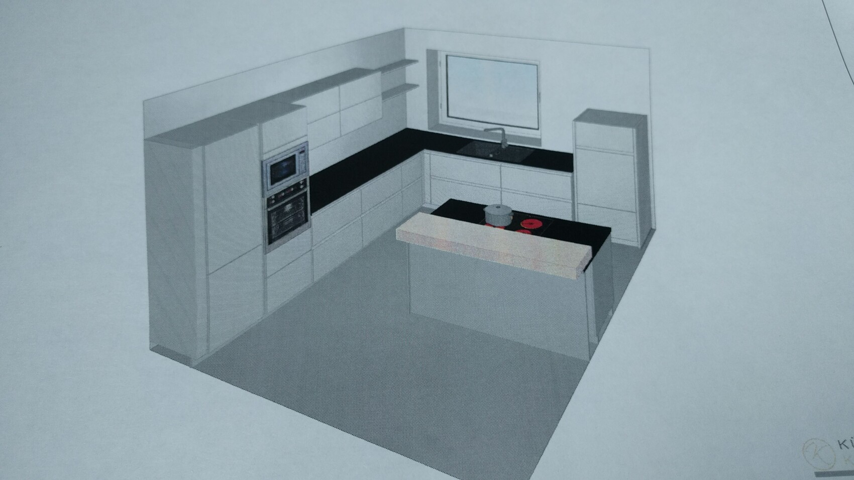 Küche: Insel mit schwarzer Arbeitsplatte, Eckschränke, Backöfen, Spüle, Fenster, Kühlschrank.