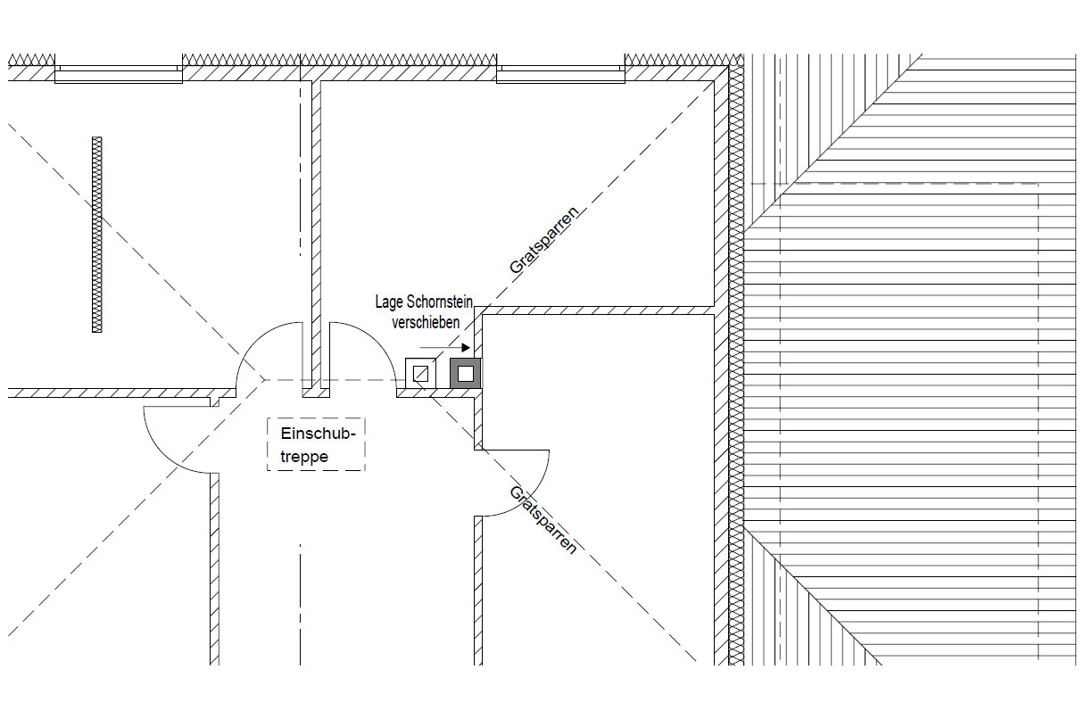Grundriss eines Dachgeschosses mit verschiebbarem Schornstein und Einschubtreppe.