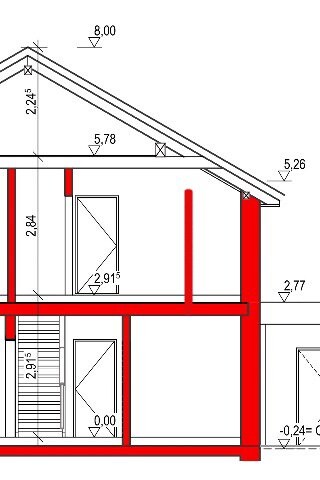 Querschnitt eines Rohbaus mit Fundamenten, Dachkonstruktion und roter Tragkonstruktion im Plan