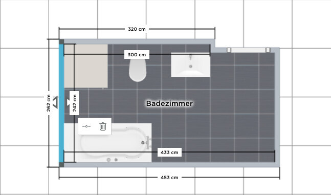 2D-Badezimmer-Grundriss mit Badewanne, Toilette und Waschbecken.