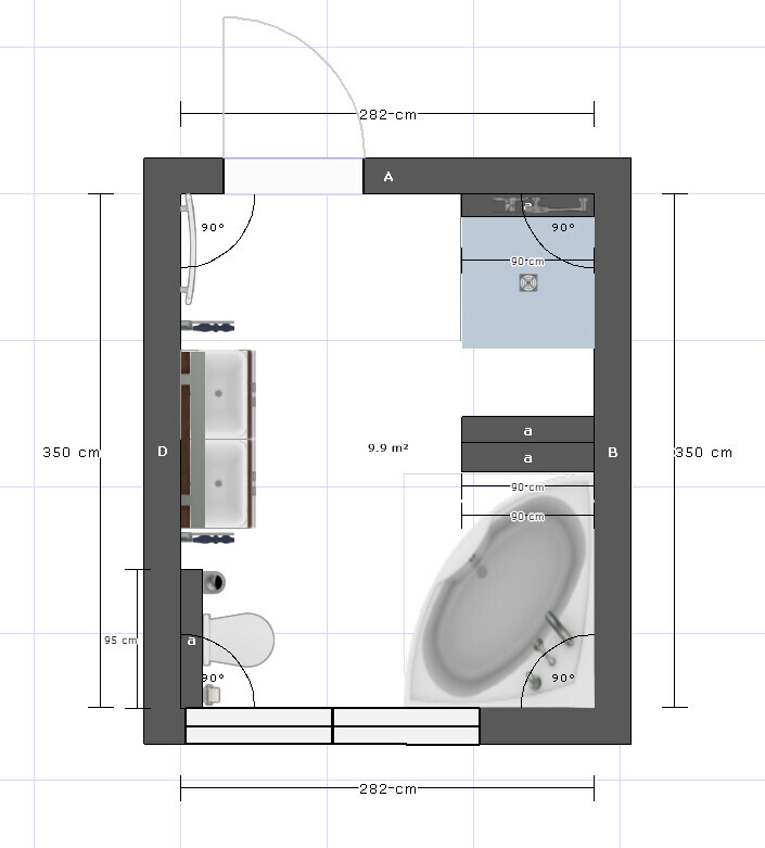 Badezimmer-Grundriss mit Badewanne, Dusche, Waschbecken und Toilette, Maße 282x350 cm.
