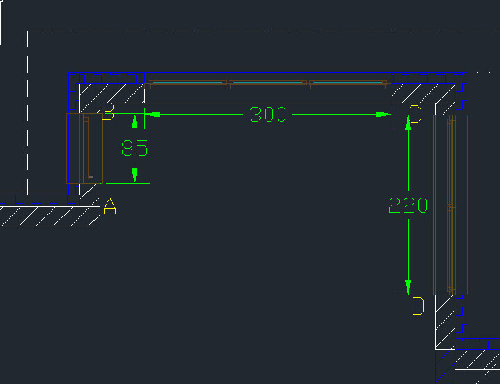 2D Grundrissdetail eines Türbereichs mit Maßangaben und Wandrahmen