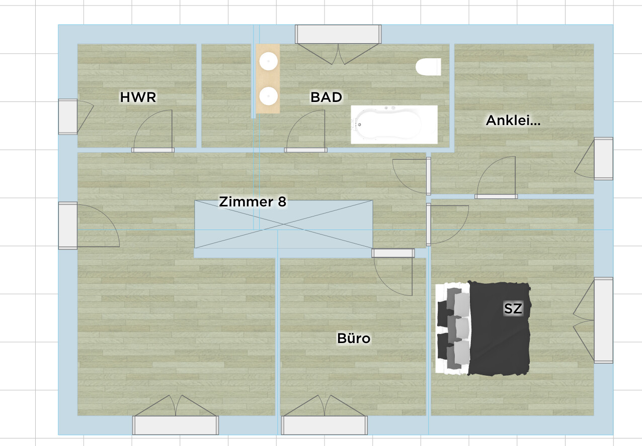 Grundriss eines Wohnraums: Zimmer 8, Büro, SZ (Schlafzimmer), Ankleide, Bad, HWR und Flur.