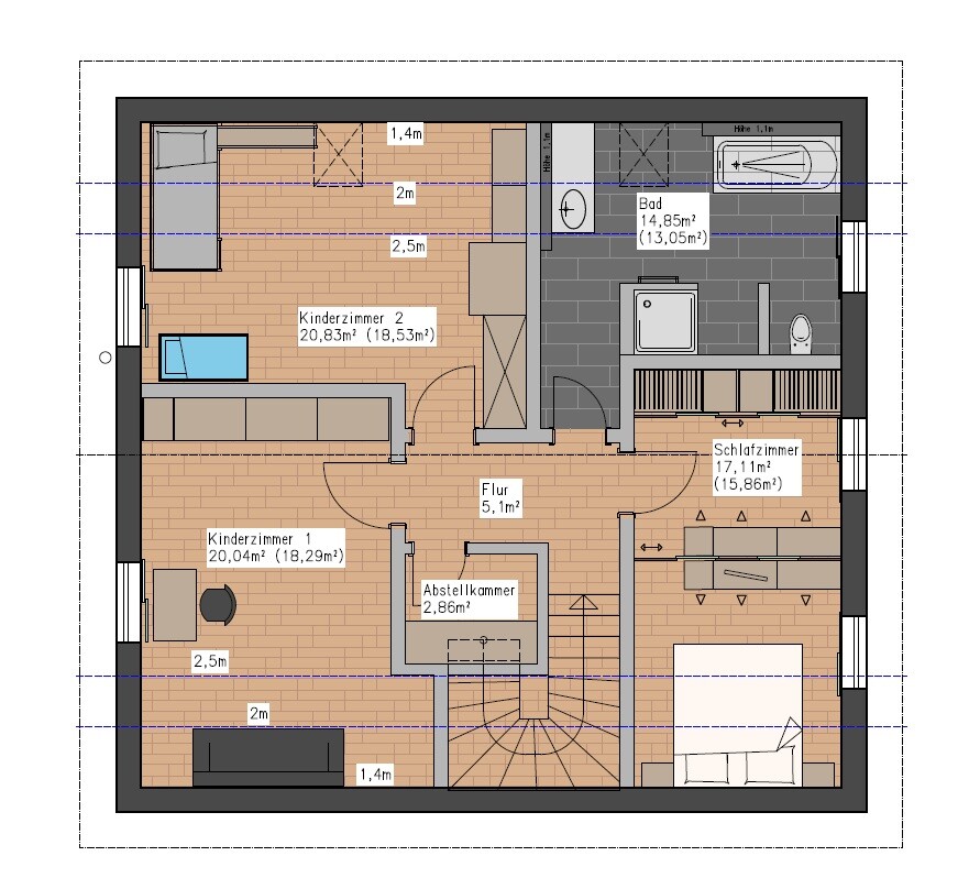 2D-Grundriss eines Hauses mit Kinderzimmern, Schlafzimmer, Bad und Flur