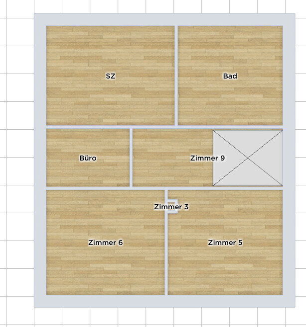 Grundriss einer Wohnung mit Holzboden: SZ, Bad, Büro, Zimmer 3, 5, 6, 9.