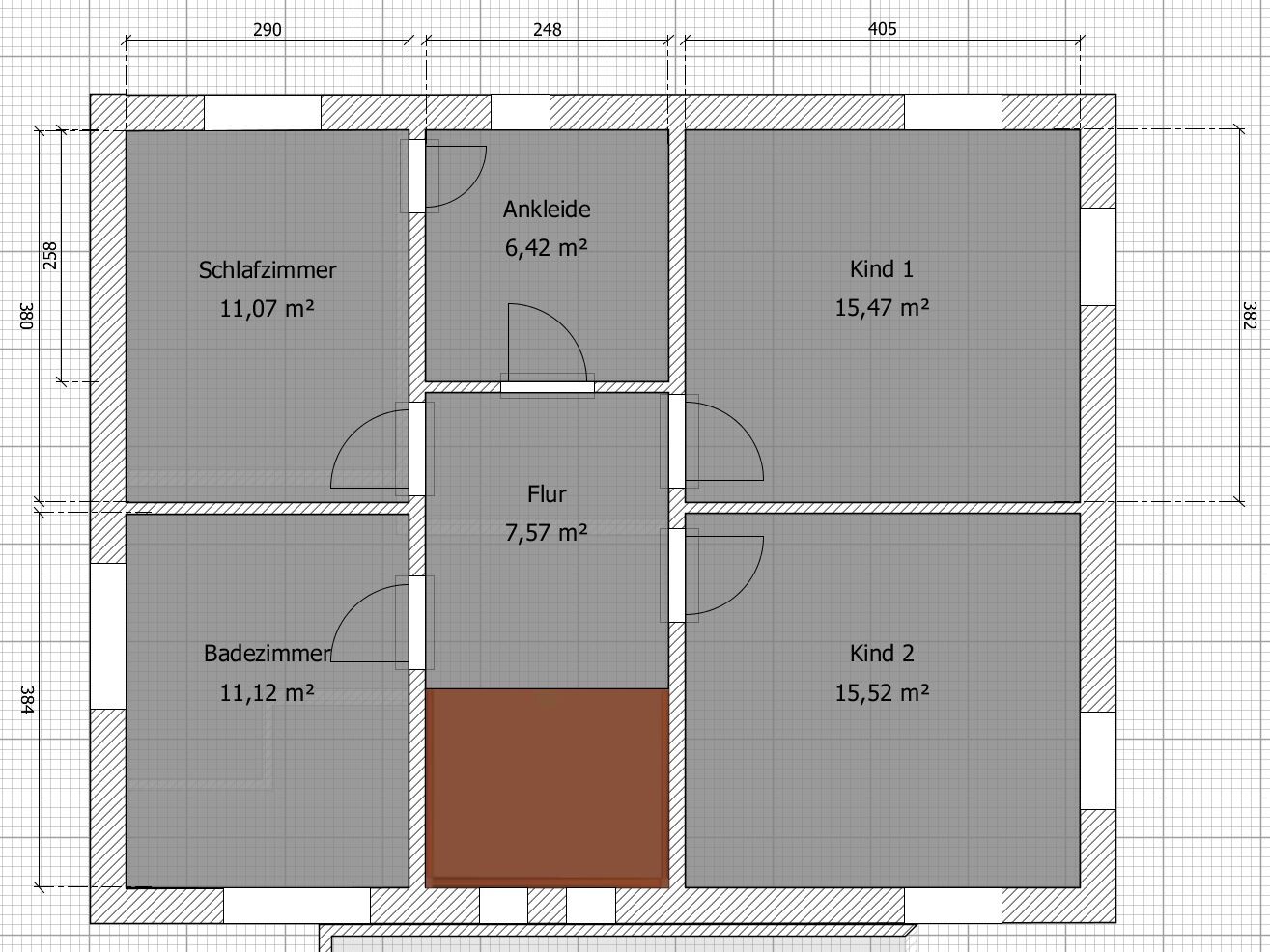 Grundriss eines Hauses mit sechs Räumen: Schlafzimmer, Ankleide, Flur, Badezimmer, Kind 1, Kind 2.