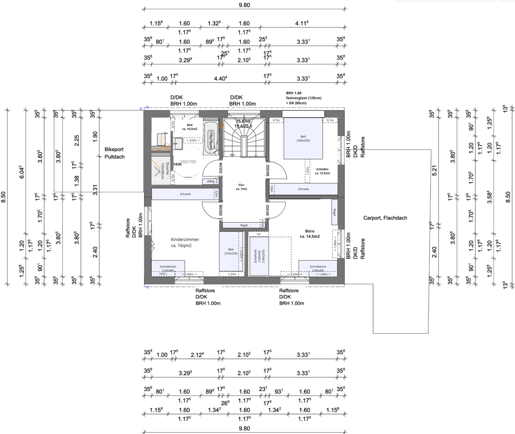 Grundriss eines Hauses: Carport, Flachdach, Schlafzimmer, Büro, Kinderzimmer, Flur.