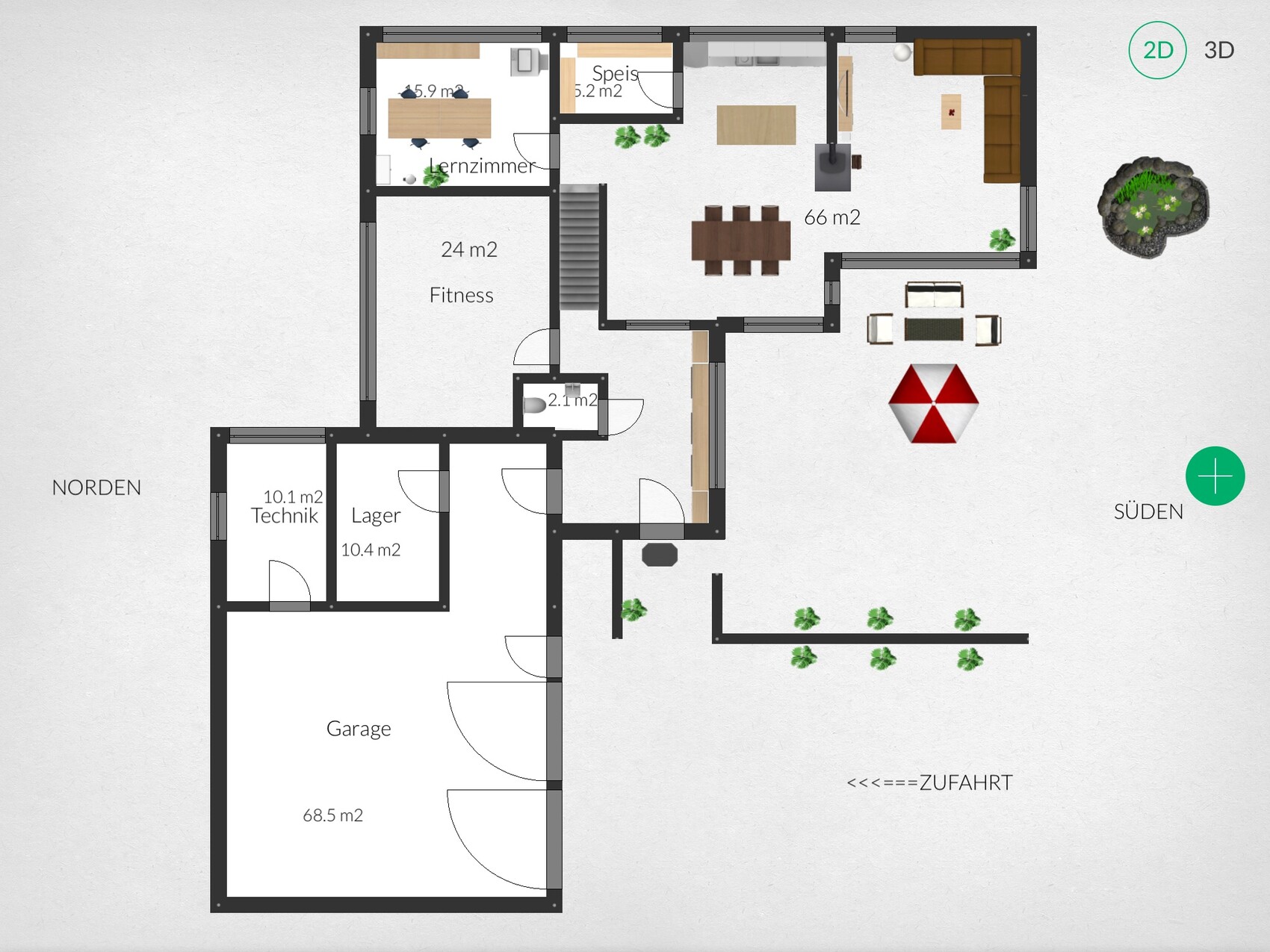 2D-Grundriss eines Hauses mit Garage, Technik, Fitnessraum, Lernzimmer und Terrasse