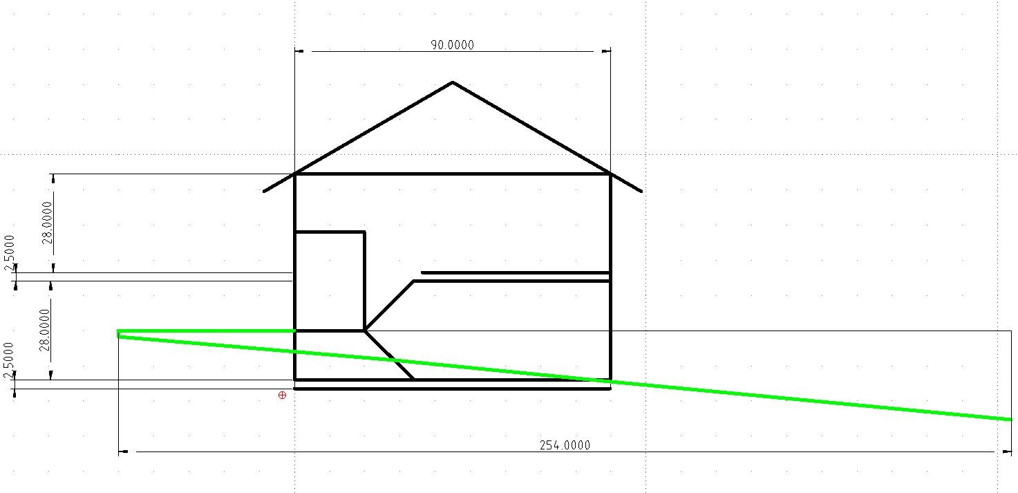 Technische Zeichnung eines Hauses mit Satteldach, Innenraumlinien und grüner Diagonallinie.