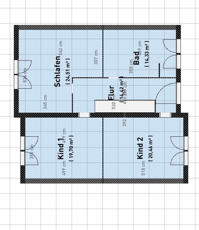 Grundriss eines Hauses: Schlafen, Bad, Flur und zwei Kinderzimmer.