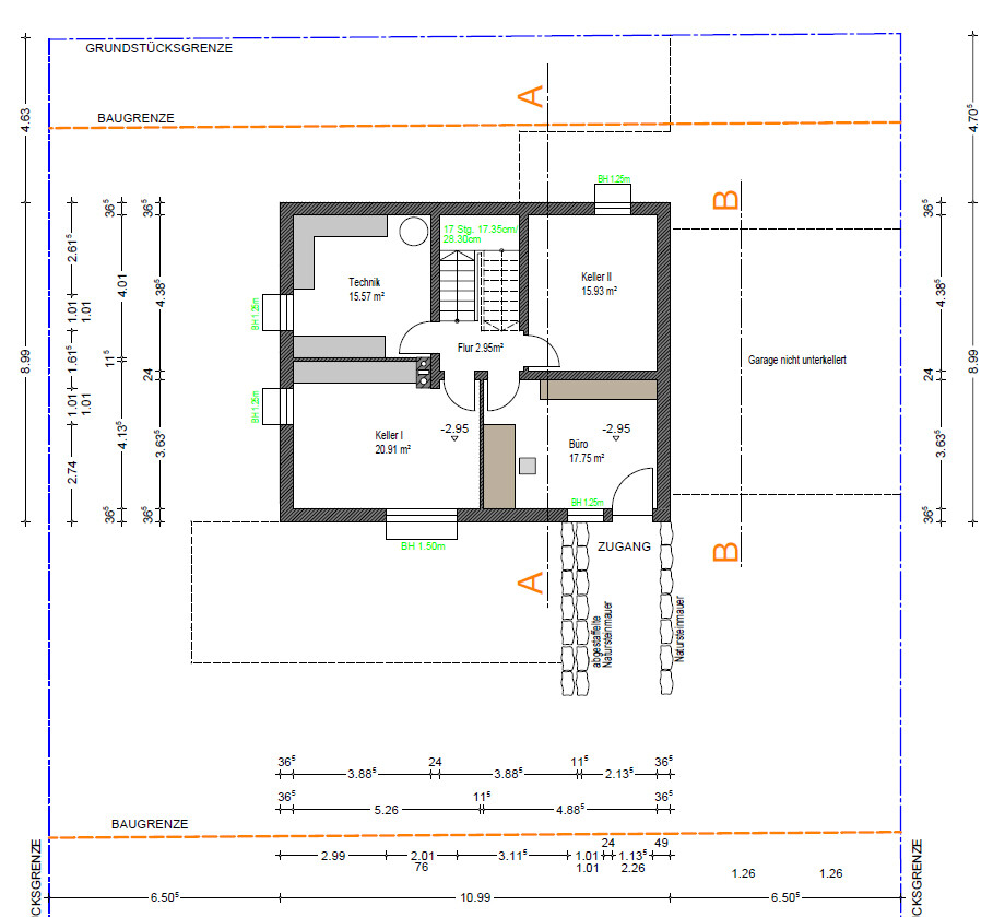 Grundriss eines Einfamilienhauses mit Technikraum, Keller I+II, Buero, Flur, Zugang; Garage.