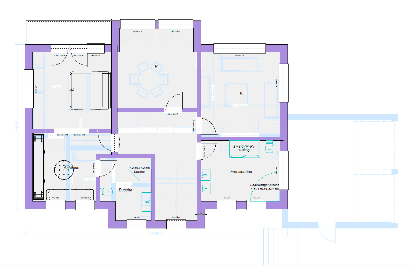 Grundriss eines Hauses: Schlafzimmer, Ankleide, Dusche, Flur, zentrale Küche/Essbereich.
