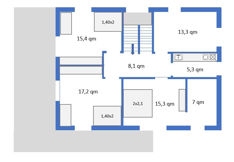 Grundriss eines Gebäudes mit mehreren Räumen, Treppen und Küche (Größenangaben in qm).
