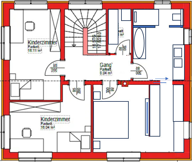 Grundriss eines Hauses: Flur/Gang, Treppe, zwei Kinderzimmer, Badezimmer und Möbel.