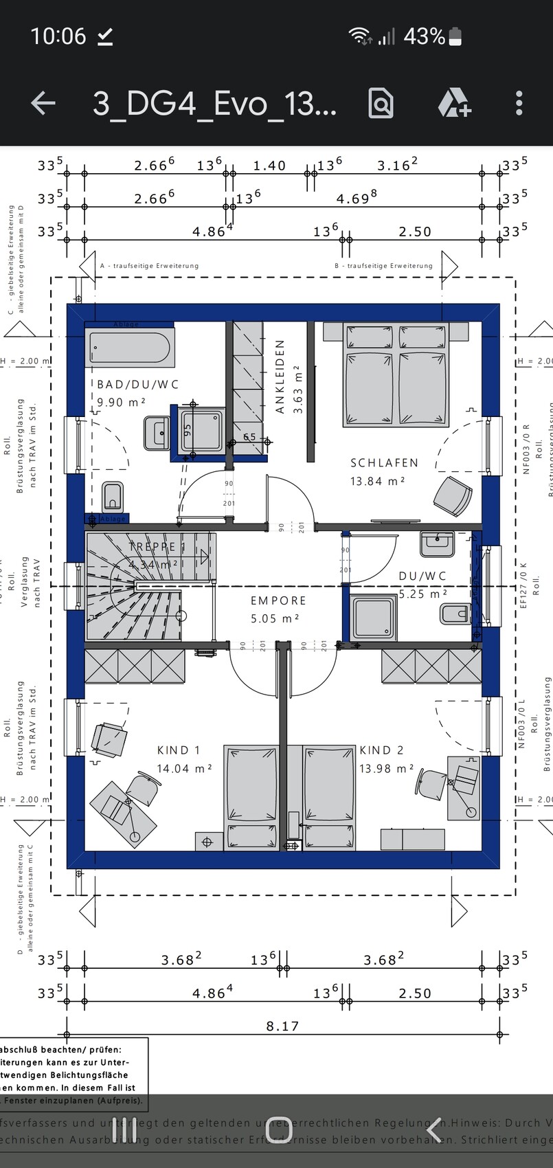 DG-Grundriss: Schlafzimmer, Ankleide, 2 Kinderzimmer, Bad/DU/WC, Empore, Treppe.