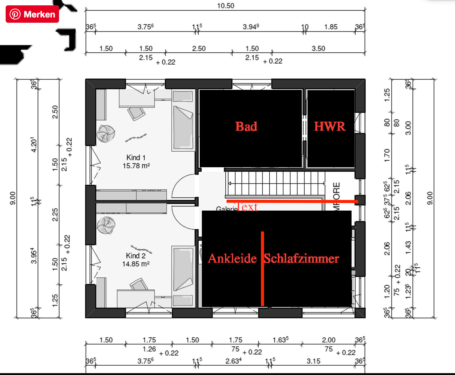 Grundriss eines Hauses: Schlafzimmer mit Ankleide, Bad, HWR, zwei Kinderzimmer, Galerie und Treppe.