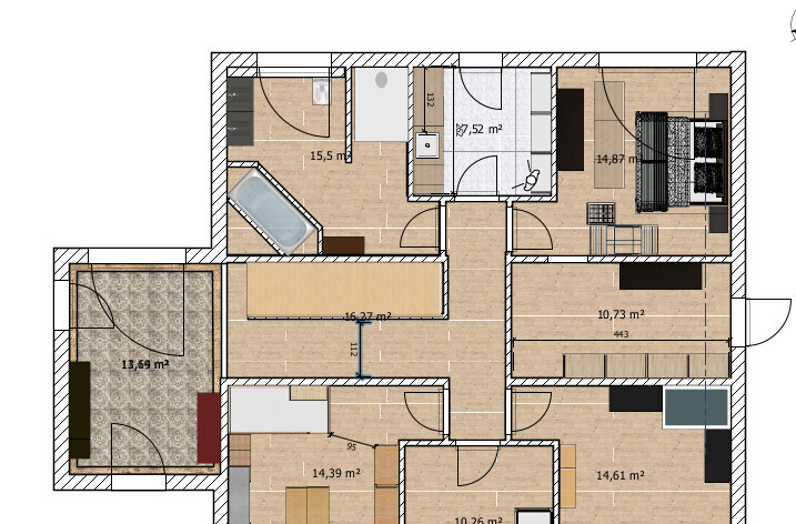 Grundriss einer Wohnung: zentraler Flur, Schlafzimmer, Kinderzimmer, Bad, Küche und Wohnzimmer.