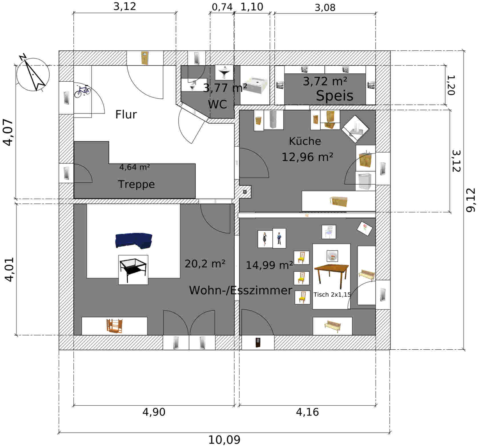 Detaillierter 2D-Grundriss eines Hauses mit Flur, Treppe, Küche, Speis und Wohn-/Esszimmer