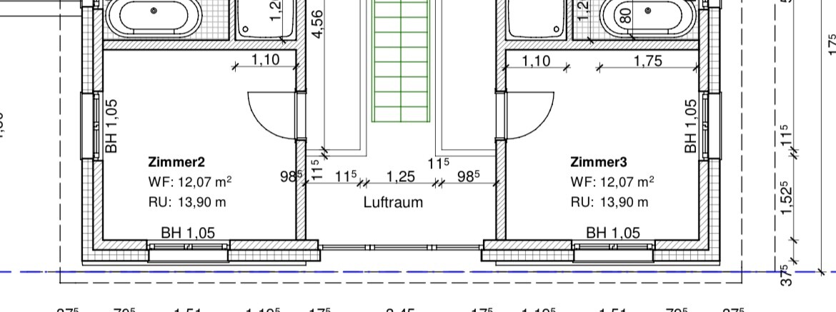 Grundriss eines Dachgeschosses mit zwei Zimmern (Zimmer2, Zimmer3), zentrale Treppe und Luftraum.