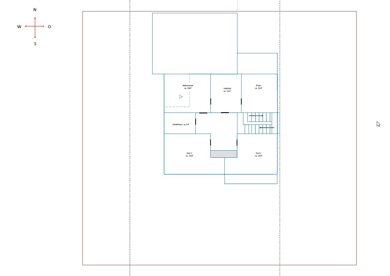 Grundriss eines Hauses mit mehreren Zimmern (Bad, Eltern- und Kinderzimmer, Abstellraum).