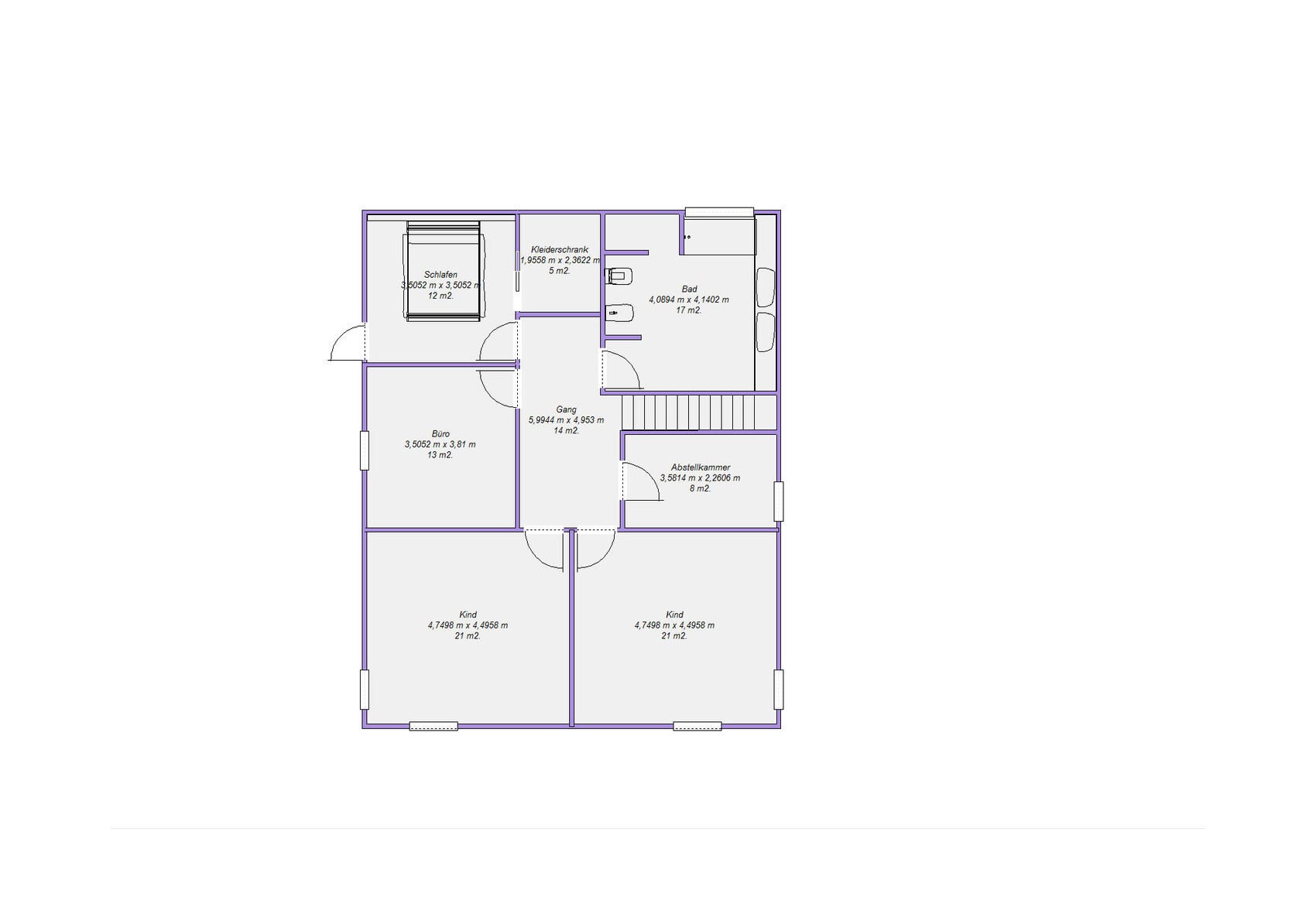 Grundriss eines Mehrzimmer-Hauses mit Schlafzimmern, Bad, Küche und Flur