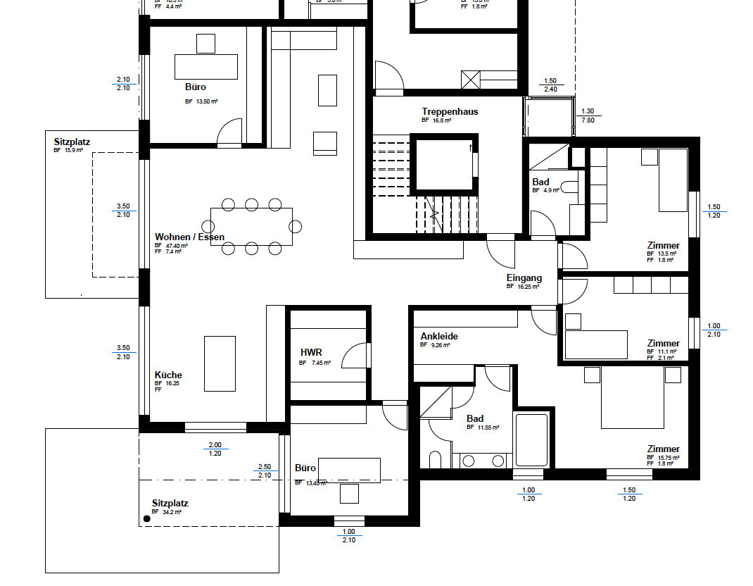 2D-Hausgrundriss mit Zimmern wie Wohnzimmer, Küche, Bad und Schlafzimmer
