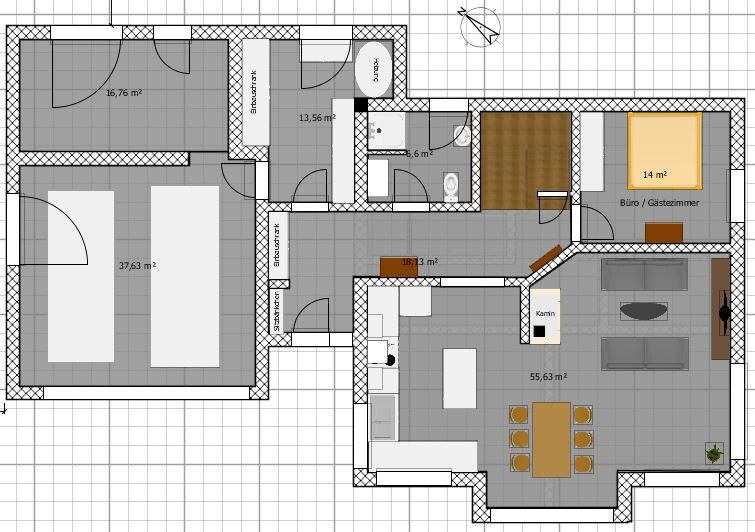 2D-Grundriss eines Hauses mit Wohnzimmer, Küche, Kamin und Gästezimmer