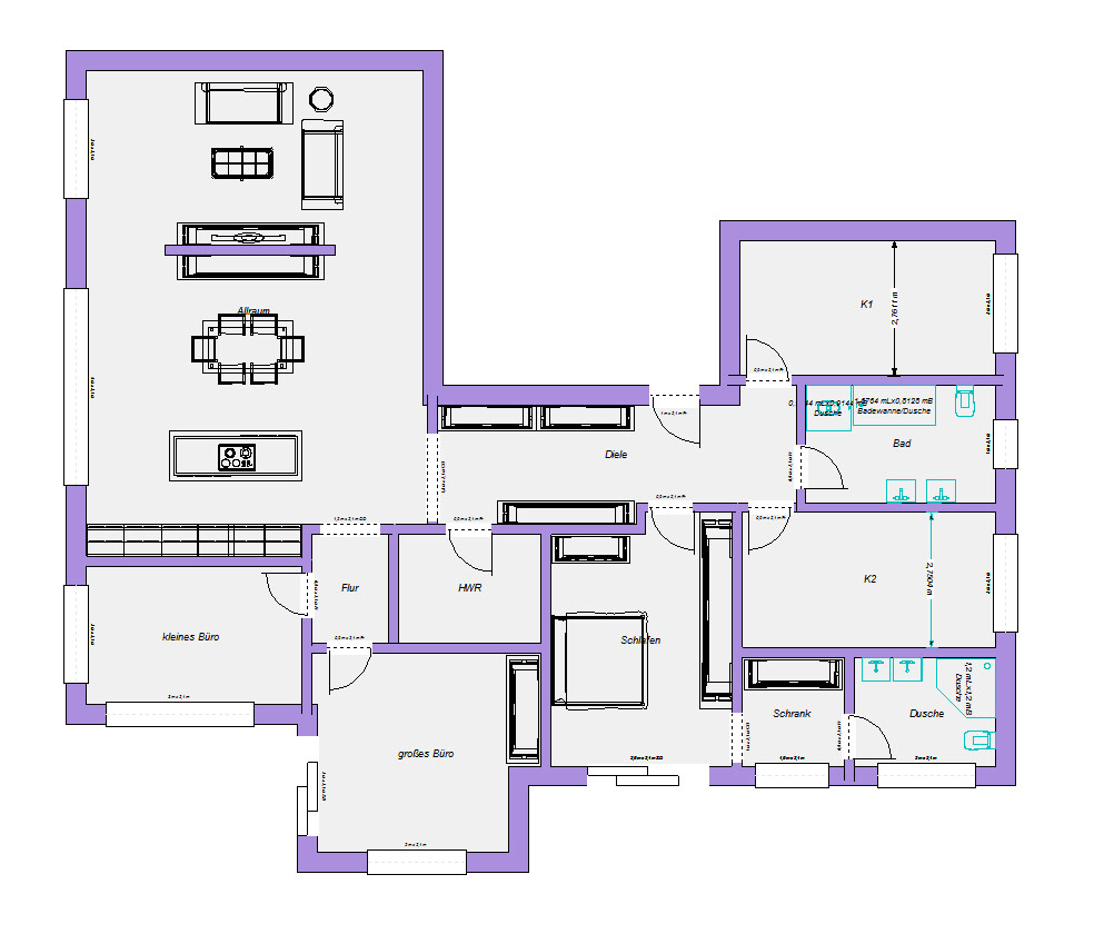 2D-Grundriss eines Hauses mit Küche, Wohnzimmer und Schlafzimmer, Flur und Bürobereiche
