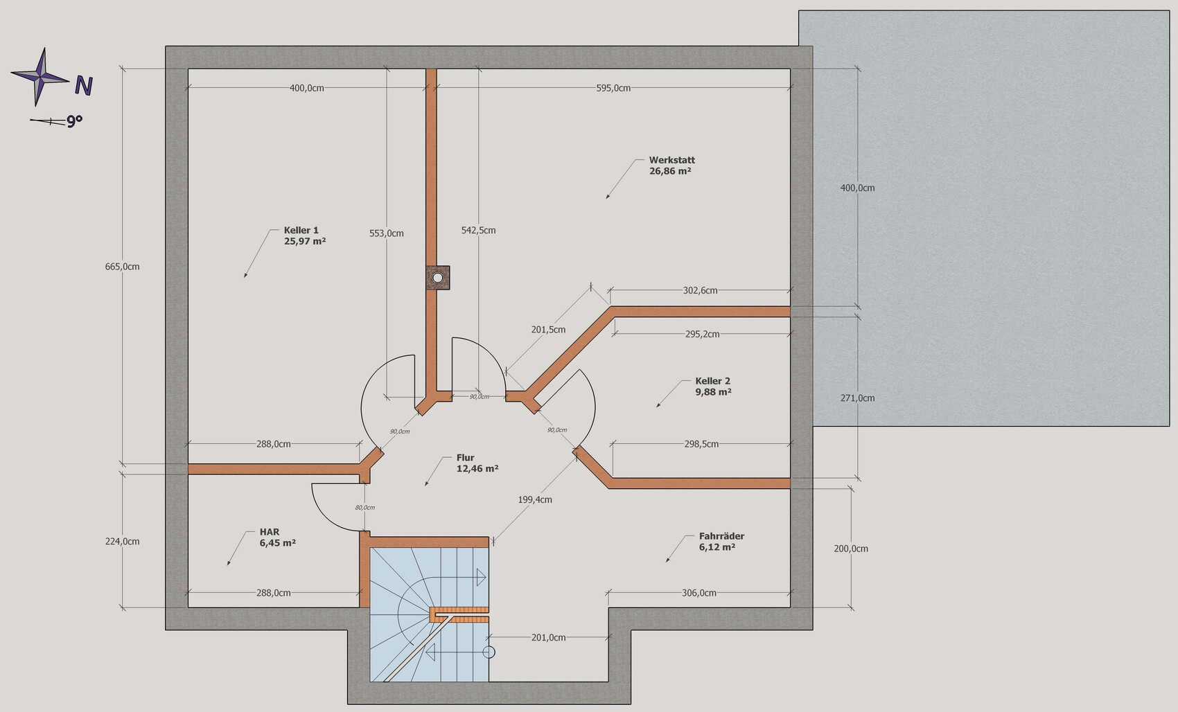 Grundriss Kellergeschoss: Keller 1, Keller 2, Werkstatt, Flur, HAR, Fahrräder, Treppe.