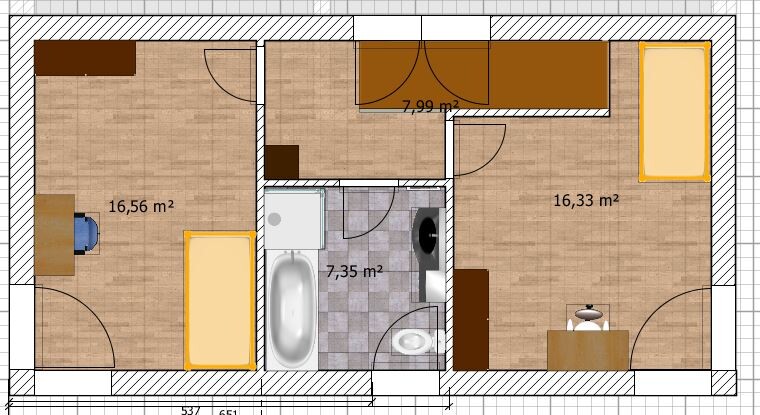 Grundriss eines Apartments mit zwei Schlafzimmern, Bad, Flur und Arbeitsbereich.