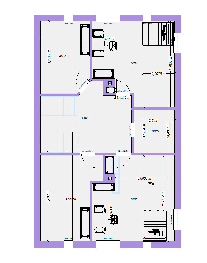 2D-Hausgrundriss mit Flur, Kinderzimmer, Buero, Abstellraeumen und Treppen