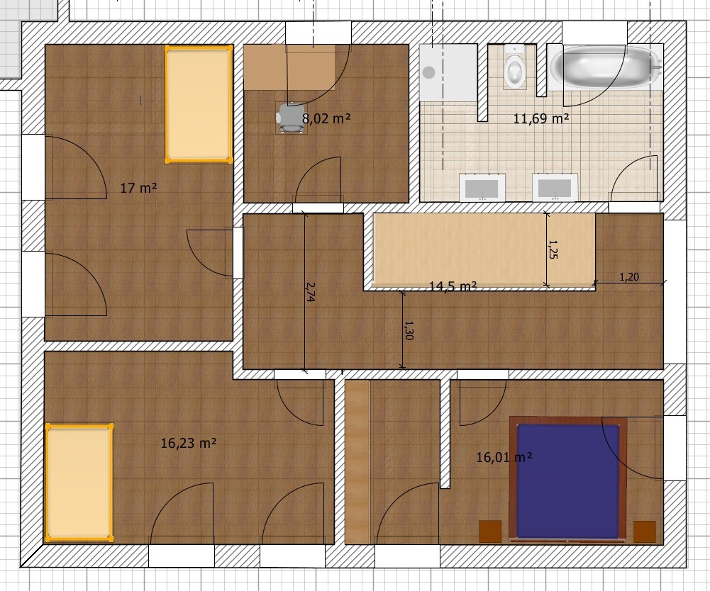 2D-Hausgrundriss mit mehreren Zimmern, Küche, Bad und Fluren, Maßenangaben sichtbar