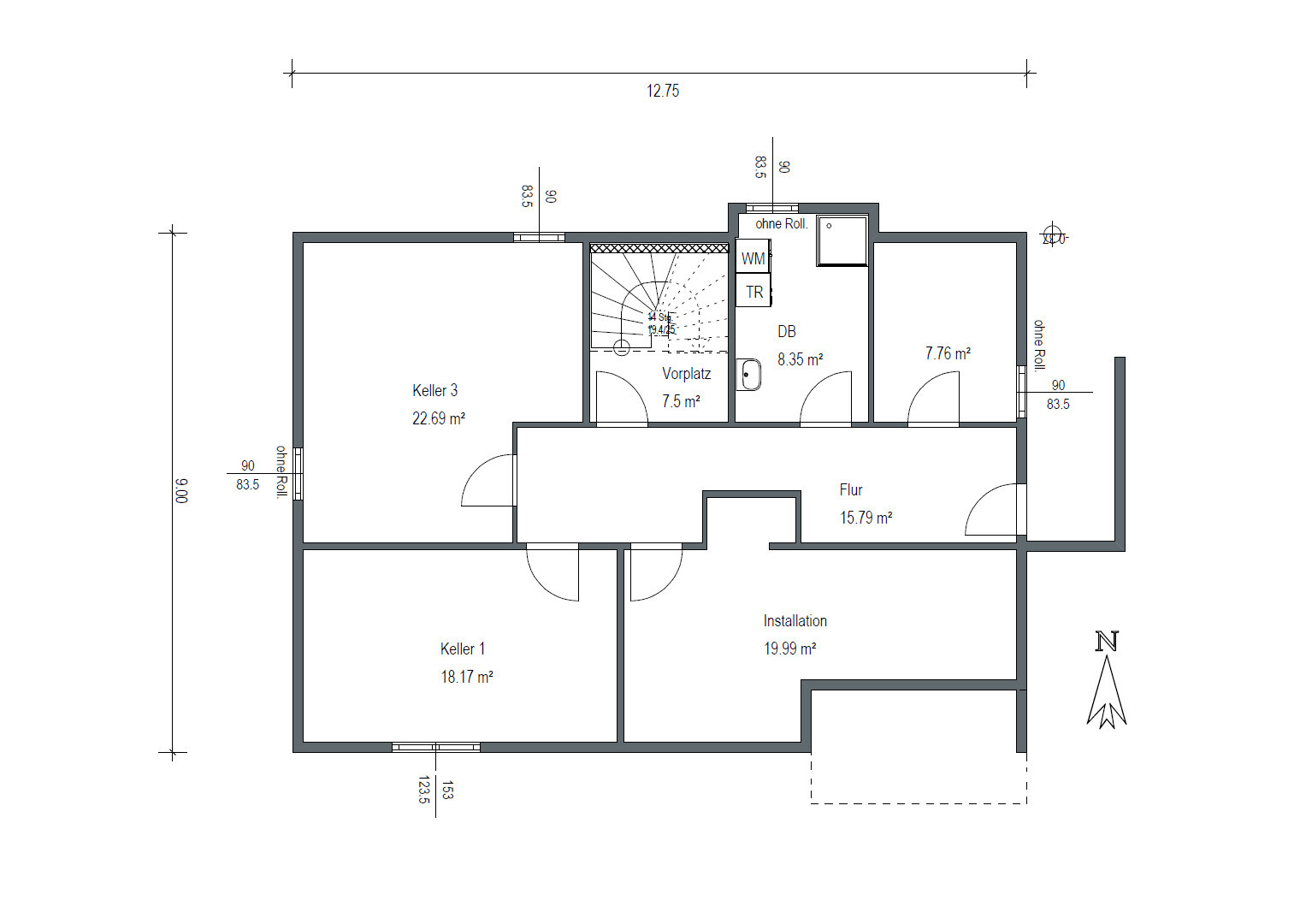 Grundriss Kellergeschoss: Räume Keller 1, Keller 3, Installation, Flur, Treppe