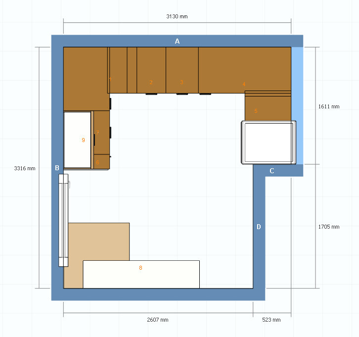 Küchen-Grundriss: umlaufende braune Schränke A-D, Insel unten links, Geräte 2-9, Maße 3130×3316 mm