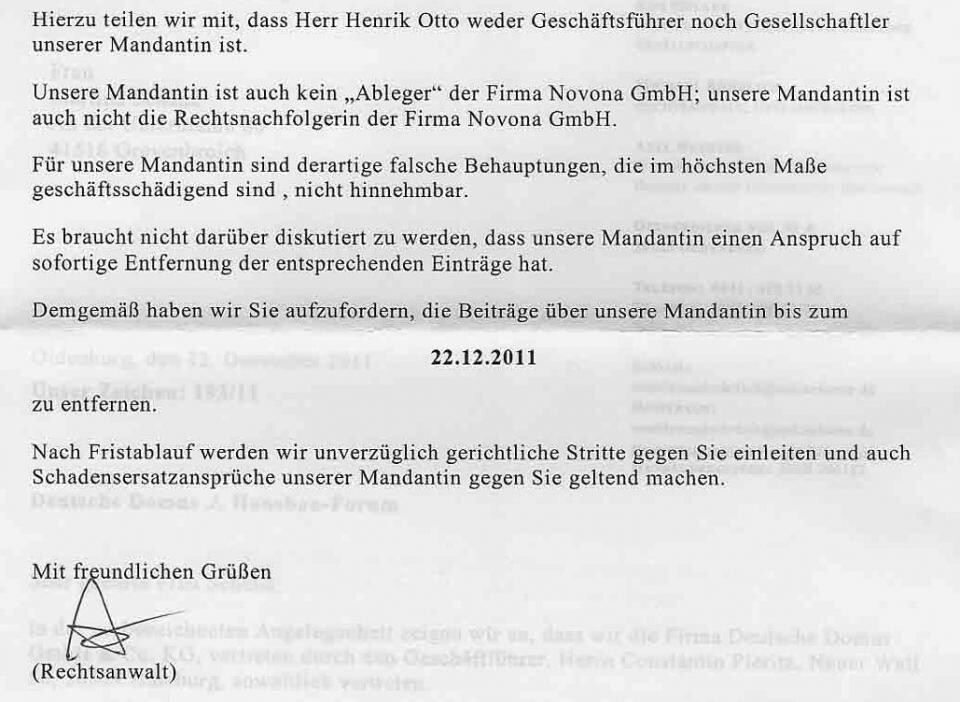 Juristischer Brief mit Datum 22.12.2011 und Unterschrift