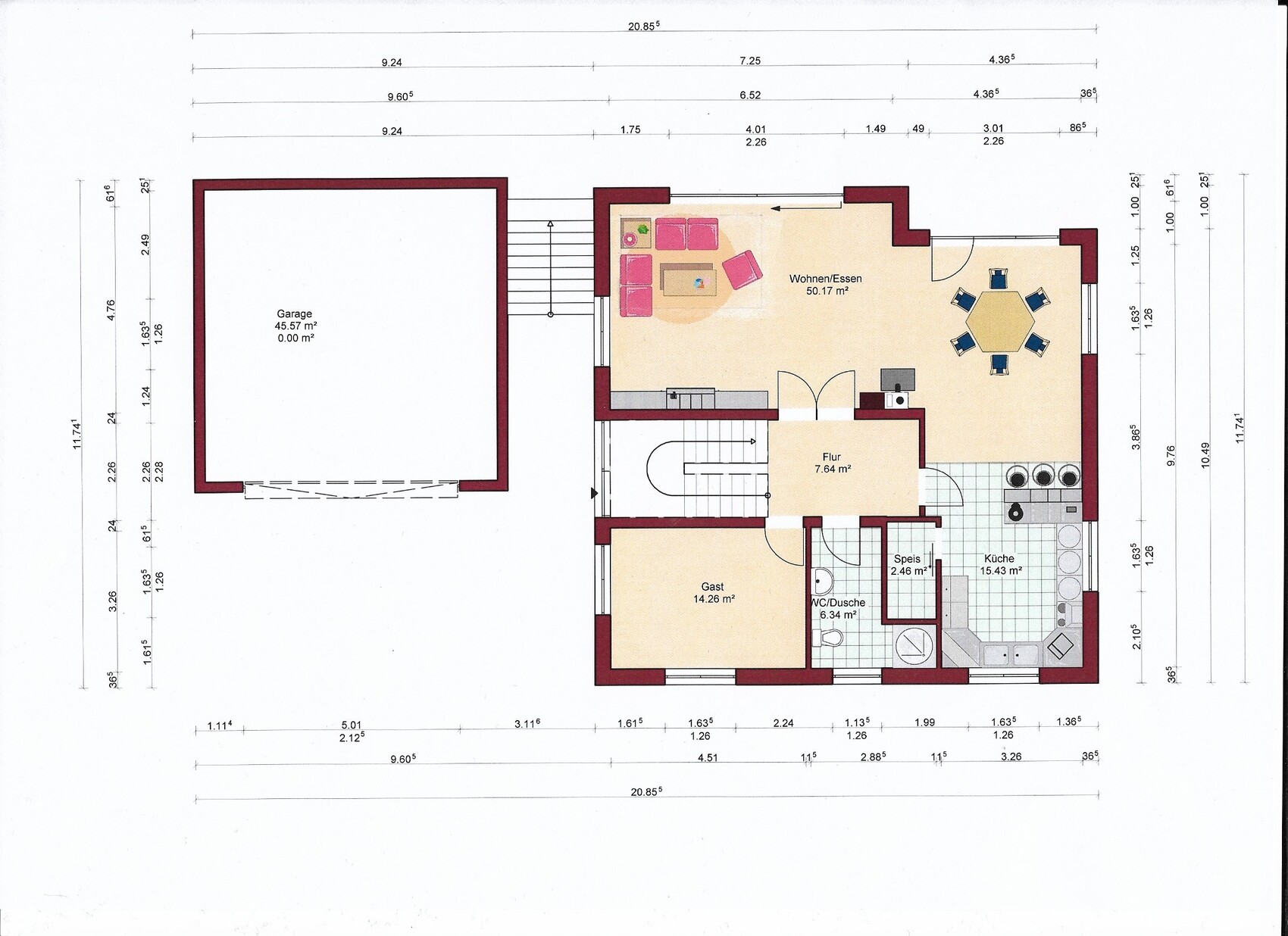 Grundriss eines Hauses: Garage links, Wohn-/Essbereich rechts, Küche, Flur, Gast, WC/Dusche.