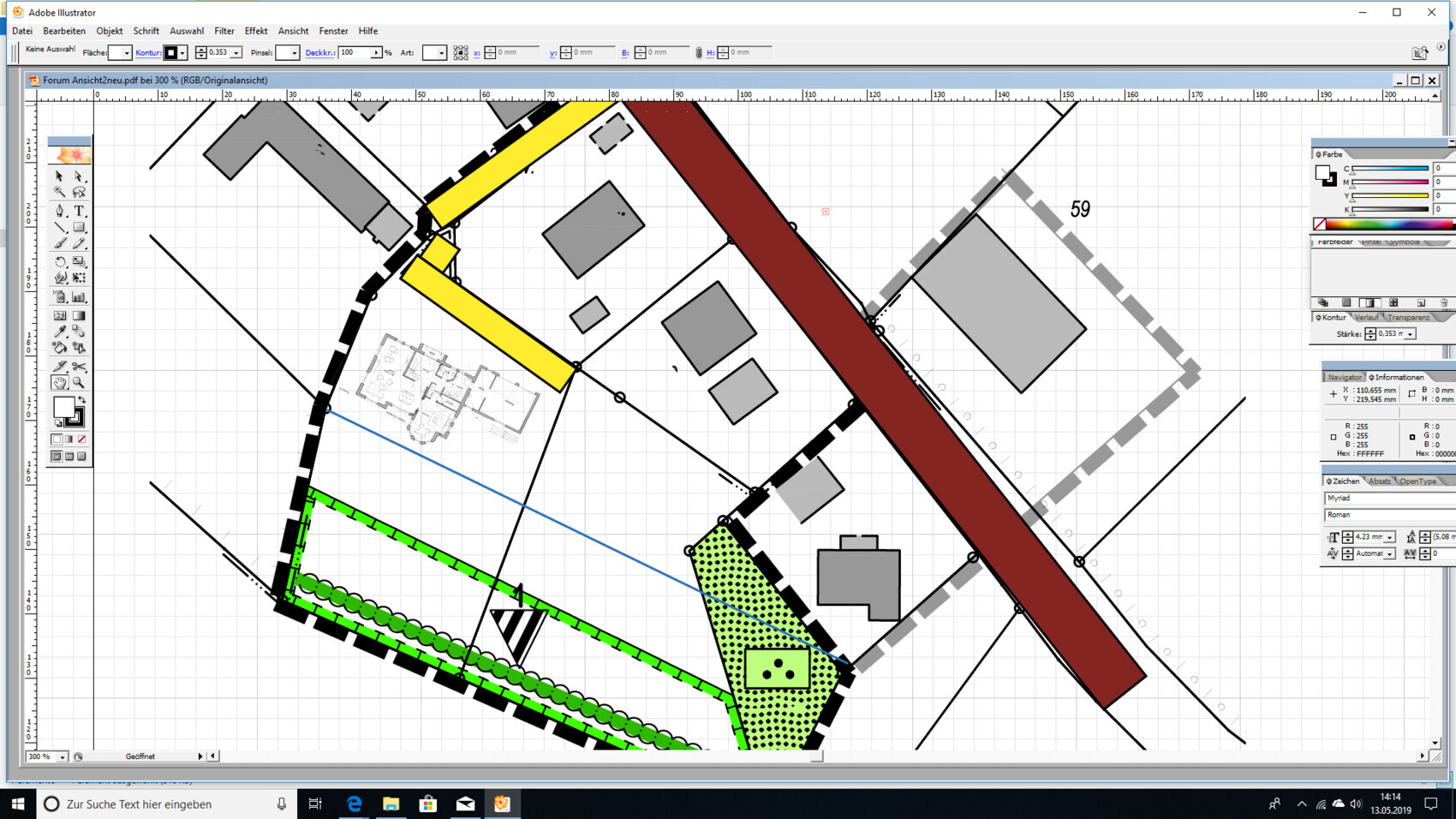 CAD-Grundrissplan eines Grundstücks mit Gebäuden und Wegen in farbigen Linien