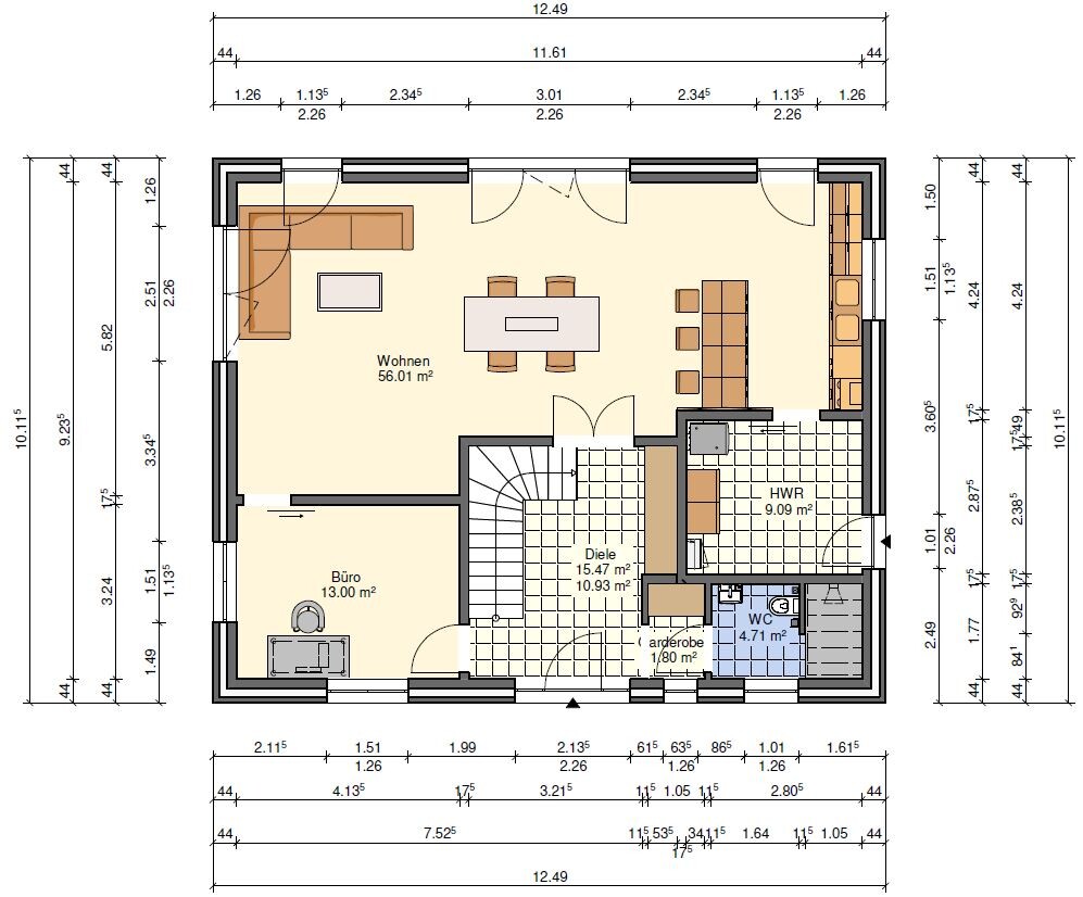 Grundriss eines Hauses - Erdgeschoss: offener Wohnbereich mit Esstisch, Büro, Diele, HWR, WC, Küche.