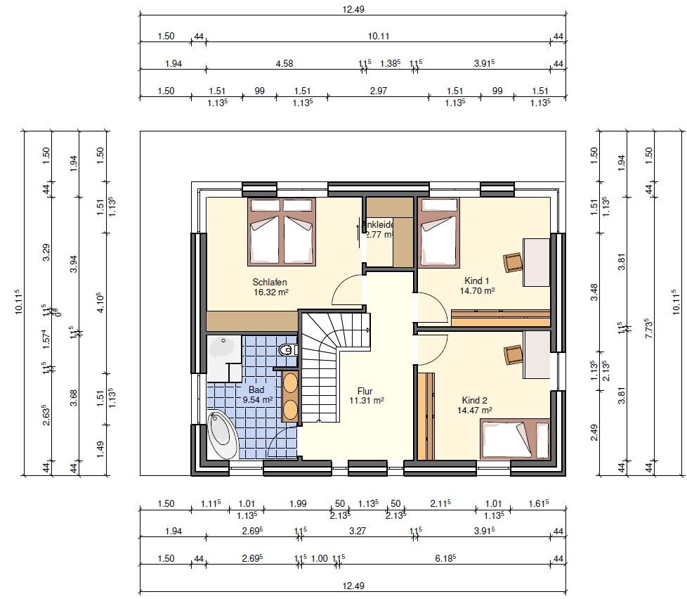 Grundriss Obergeschoss: Flur mit Treppe, Bad, Schlafen, zwei Kinderzimmer, Ankleide.