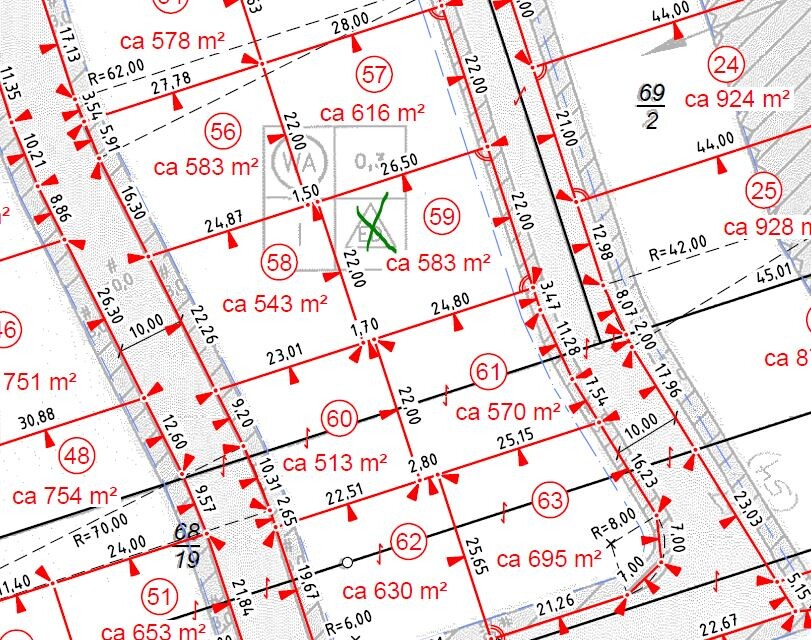 Flurkarte mit Parzellen; rote Umrisse, Parzellen 56–69, grün markierte Parzelle 59.