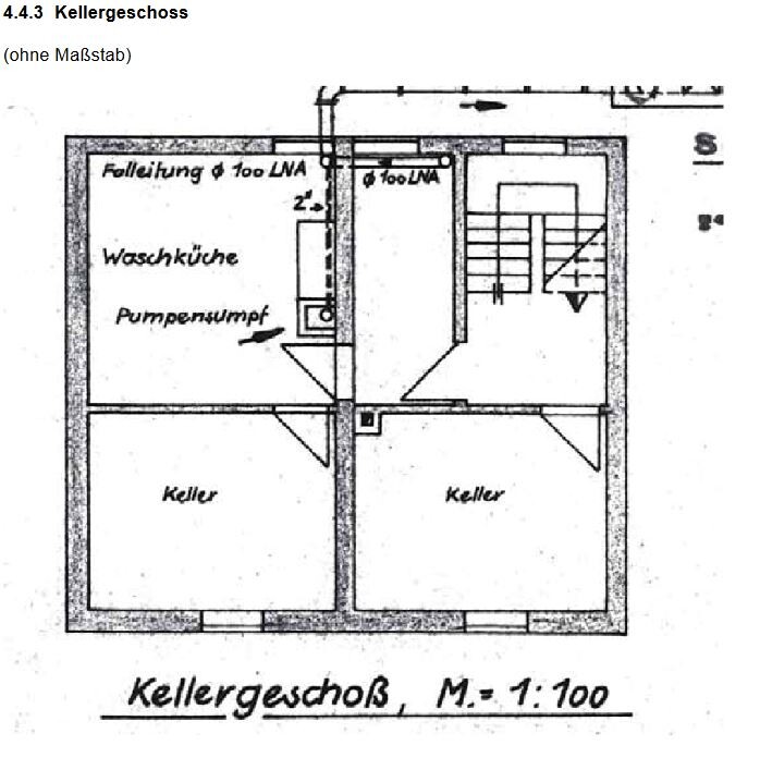 Kellergeschoss Grundriss: Waschküche, Pumpensumpf, zwei Kellerräume, Treppenhaus.